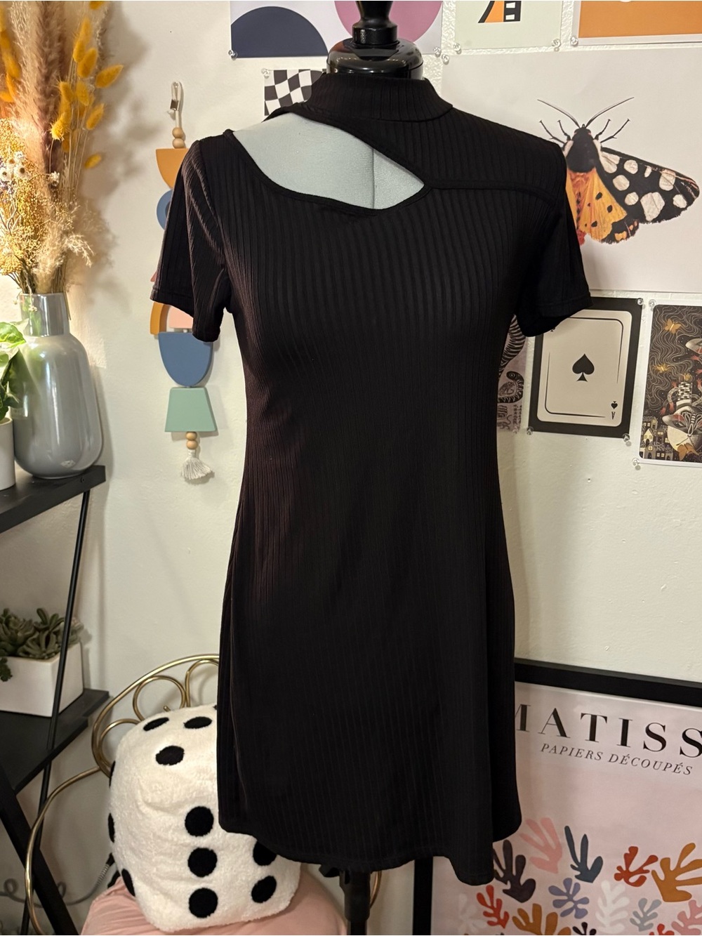 Moa Moa Black Ribbed Cutout Mock Neck Mini Dress Size Large